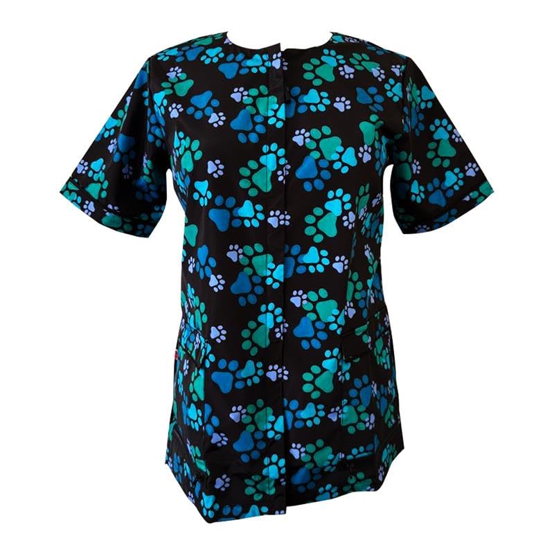 Ladybird Line 714 Blue Paw Print Waterproof Dog Grooming Smock, Hair Bleach Resistant Jacket, Covered Zipper Panel, Solid Black Back, Adjustable Belt, 2 Front Pockets, Pet Groomers Vet Clinics - XL