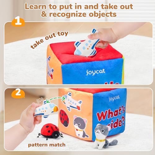 Baby Toys 6-12 Months - Mystery Soft Box with 10 Sensory Objects, Rattle, Crinkle Paper, Mirror - What's Inside Box Infant Gifts, Soft Busy Toys 1-2 - Baby Easter Basket Stuffers Gifts