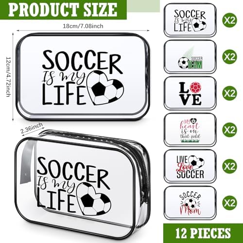 Abbylike 12 Pcs 7 x 4.7 x 2.4'' Soccer Theme Cosmetic Bag Soccer Gifts Accessories for Makeup Clear PVC Soccer Case Toiletry Zipper Pouch for Women Travel Vacation