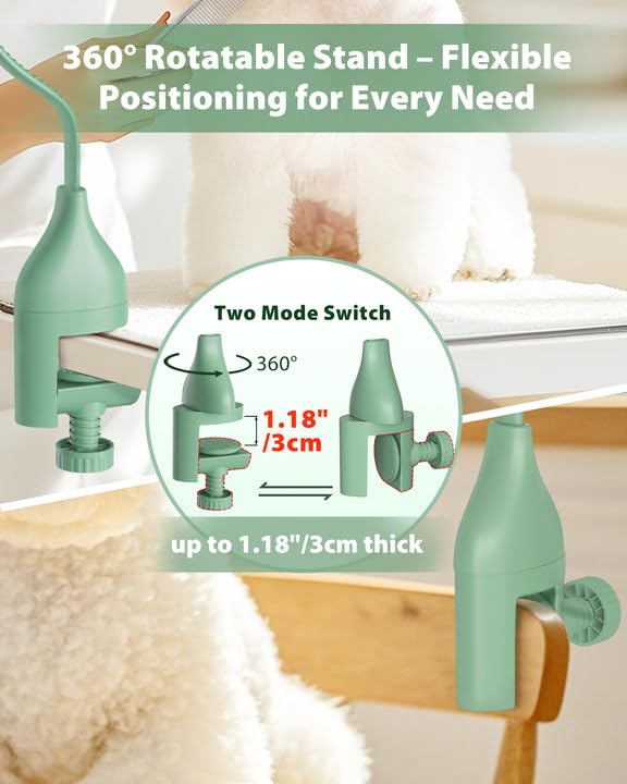NRYDEPET 2-in-1 Hands-Free Dog Hair Dryer with Table Clamp – Low Noise Pet Grooming Dryer for Dogs & Cats, Adjustable Heat & Speed, Wearable or Desktop Use(Green)