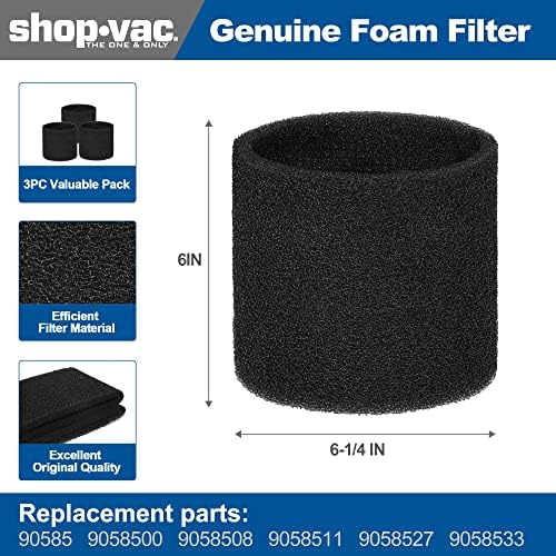 Shop-Vac 90107 Paper Disc Filter and 90585 Foam Sleeve Filter, for Most Shop-Vac Wet/Dry Vacuum Cleaners 5 Gallon and Above, Replacement Parts #9010700, 9013700,9058500, 6 Pack
