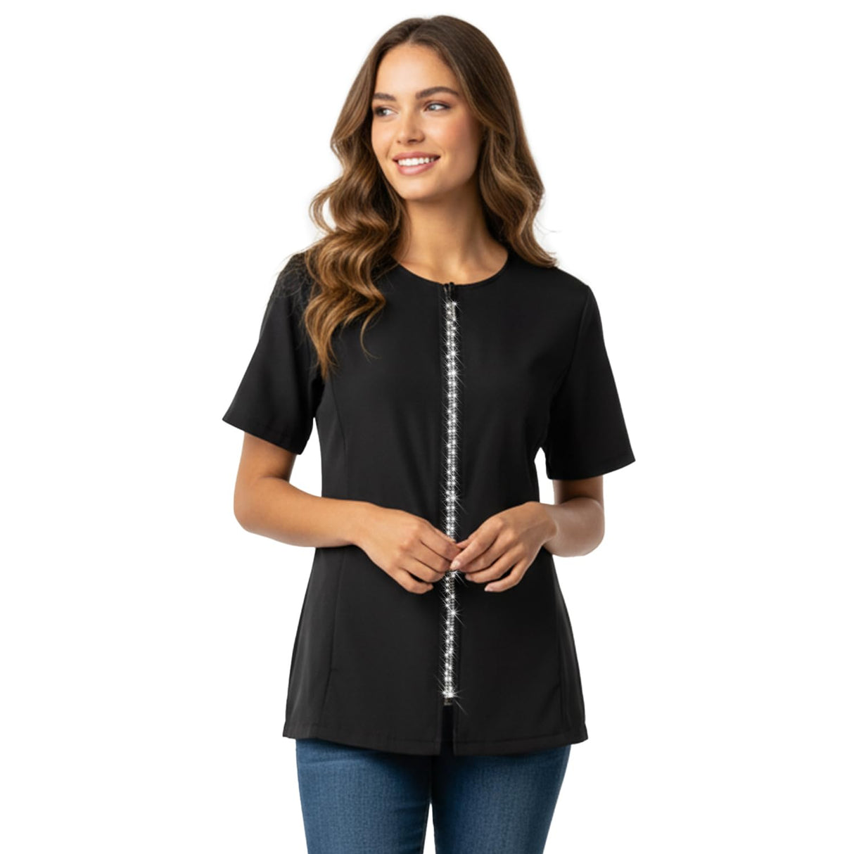 Ladybird Line 460 Groomer's Rhinestone Jacket - Water, Hair and Bleach Resistant, Short Sleeve Dog Grooming and Hair Stylist Smock with Round Neck, 2 Side Pockets & Adjustable Back Tie Belt - 3XL