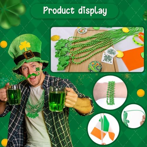 Garma 238 PCS St Patricks Day Decorations Set Glasses Bracelets Coins Necklaces Flags Tattoos Brooches Fake Beards Party Blowers Hand Clappers Saint Patricks Day Party Favors Accessories Supplies