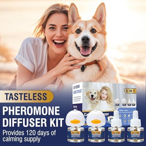 Dog Calming Pheromones Diffuser 6 in 1 Kit Appeasing Pheromone Diffuser to Calm (2 Plug in+4 Pack 48ml Refill) for Anxiety Relief Reduce Aggression Fighting Barking Stress 120 Day Supply(Tasteless)