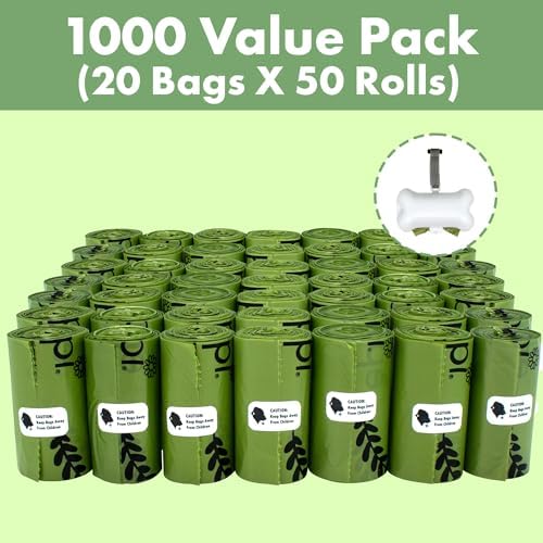 GORILLA SUPPLY Dog Poop Waste Bags with Dispenser and Leash Tie, 9" x 13", Green, 1000 Count