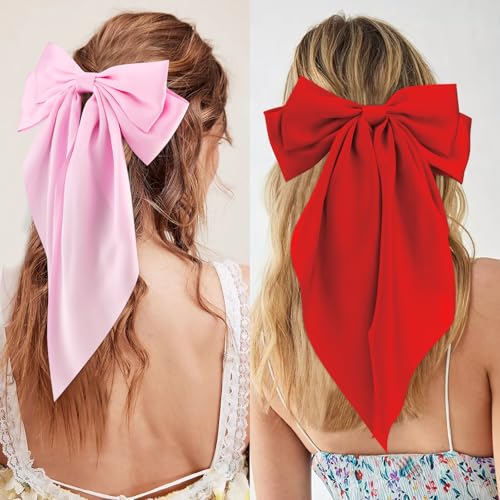 VELSCRUN Hair Clip - 3Pcs Silky Satin Hair Bows for Women in Red, Pink, White - Big Bow Hair Clips with Long Tail - Hair Accessories for Girls - Ideal for Special Occasions - 3 Count