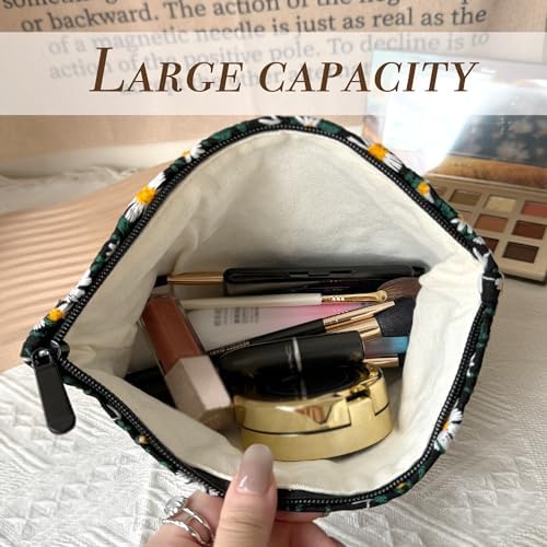 Makeup Bag Cosmetic bag Preppy Canvas Embroidery Toiletry Bag for women Cute zipper pouch Organizer Travel accessories (Little Daisy-Black, Large)