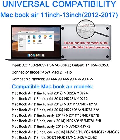 Mac Book Air Charger, Replacement 45W T-Tip AC Power Adapter for Charging Mac Book Air 11-inch and 13-inch