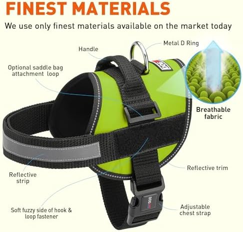 Dogline Dog Harness, Reflective No-Pull Adjustable Vest with Handle, Breathable No-Choke Harness for Small, Medium or Large Dogs Room for Patches Girth 15 to 18 in Lime Green