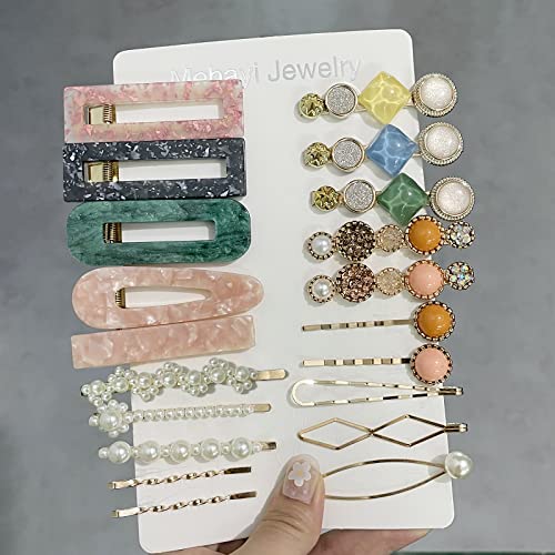 Mehayi 20 PCS Pearls and Acrylic Resin Hair Clips, Handmade Hair Barrettes, Marble Alligator bobby pins, Glitter Crystal Geometric Hairpin, Elegant Gold Hair Accessories, Gifts for Women Girls