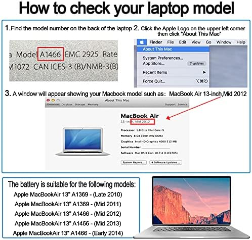 A1466 Replacement Battery for MacBook Air 13 inch 2017, Early 2015 Early 2014, Mid 2013 Mid 2012 Mid 2011, Late 2010 7200mAh 7.6V Fits A1369 A1405 A1496 A1377