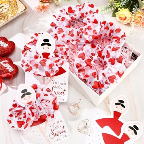 Lyrow 24 Sets Valentine's Day Scrunchies Ballerina Valentines Cards with Hair Accessories Red Gilding Headband Gymnastics Hair Ties Ballet Dancer Exchange Gifts for Girls Party Favors