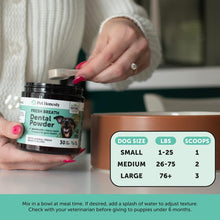 Load image into Gallery viewer, Dog Breath Freshener Dental Powder for Teeth Cleaning Plaque Off, Dental Care for Large Dogs, Tartar Remover for Teeth with Natural Herbal Blend + Postbiotics (Mint - 60 Servings)