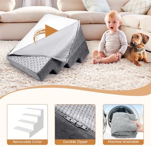 Heeyoo Dog Stairs for Small Dogs, 4-Step Dog Steps for High Bed and Couch, High-Density Foam Pet Steps with Supporting Board, Non-Slip Removable Washable Cover, Grey, 18" High