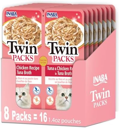 INABA Twin Packs for Cats, Shredded Chicken & Broth Gelée Side Dish/Topper Pouch, 1.4 Ounces per Serving, 16 Servings, Tuna & Chicken Recipe in Tuna Broth
