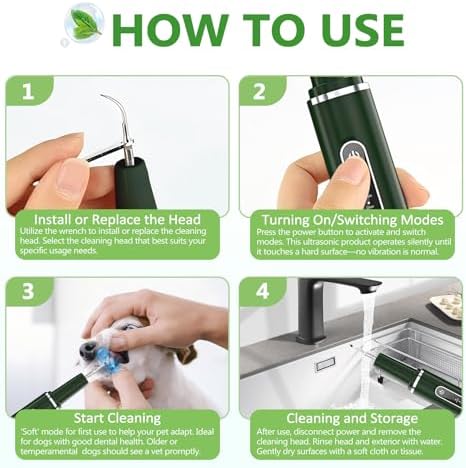 Dog Plaque Remover for Teeth - Pet Ultrasonic Tooth Cleaner, 6 Adjustable Modes Dog Teeth Cldaning Kit with LED Light, Cats and Dogs Tartar Remover for Teeth (Green, Large)
