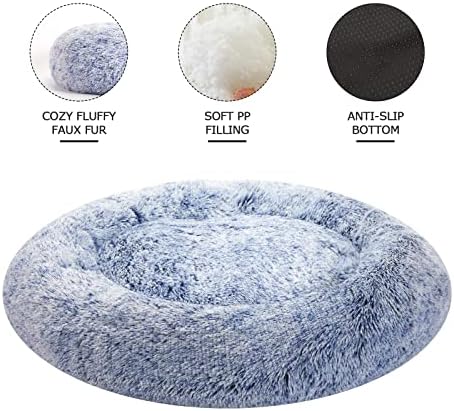Bedfolks Calming Donut Dog Bed, 23 Inches Round Fluffy Dog Beds for Small Dogs, Machine Washable Anti-Anxiety Plush Puppy Bed(Navy Blue, Small)