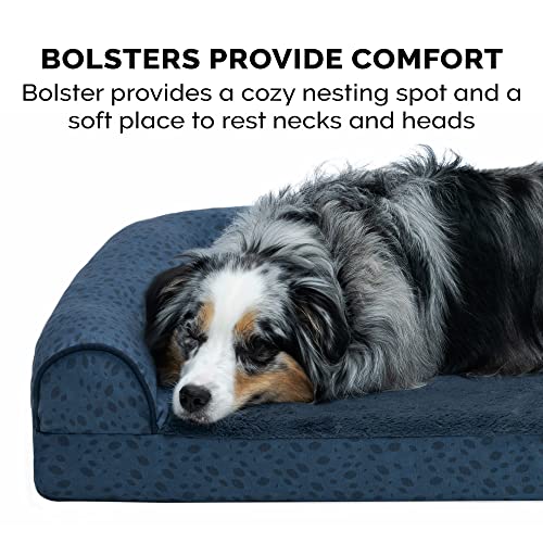 Furhaven Orthopedic Dog Bed for Large Dogs w/ Removable Bolsters & Washable Cover, For Dogs Up to 95 lbs - Plush & Almond Print L Shaped Chaise - Blue Almonds, Jumbo/XL