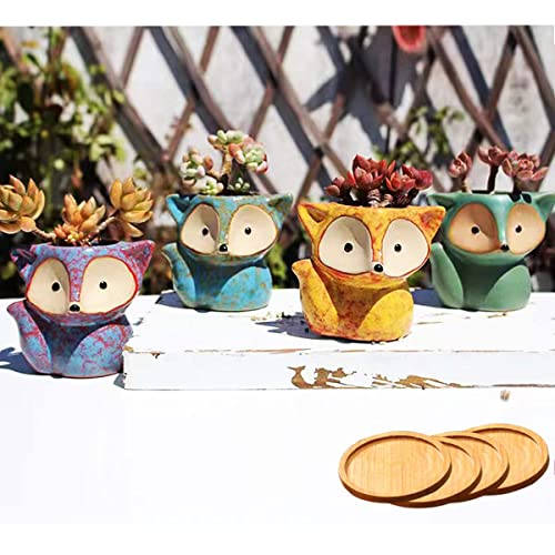 RUNADI Succulent Pots, Ceramic Flower Planter Pot with Bamboo Tray, Small Animal Succulent Planters, Cute Cactus Flower Pot/Garden Planters, Office Home Decoration Pack of 4