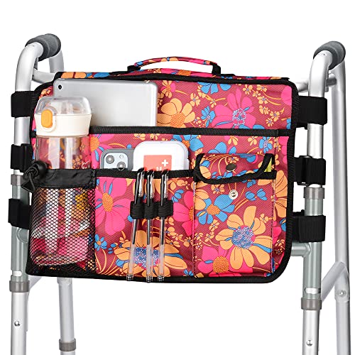 Walker Bag for Seniors-supregear Folding Walker Accessories Bag (Double Sided), Walker Basket Caddy Large Capacity Waterproof Tote with 9 Pockets and Cup Holder