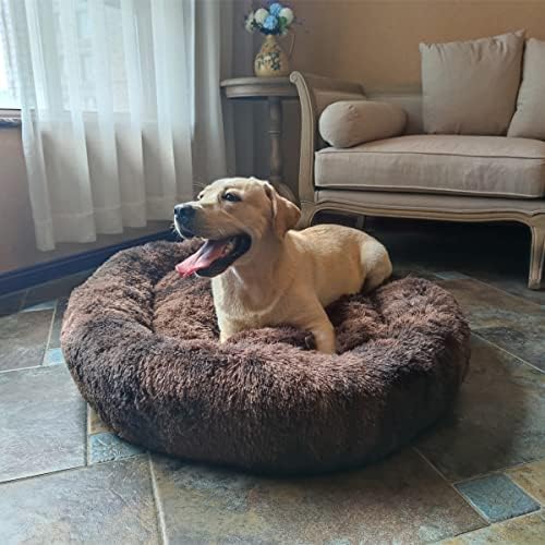Coohom Oval Calming Donut Cuddler Dog Bed,Shag Faux Fur Cat Bed Washable Round Pillow Pet Bed(30"/36") for Small Medium Dogs (XXL(43"x34"x8"), Brown2021)