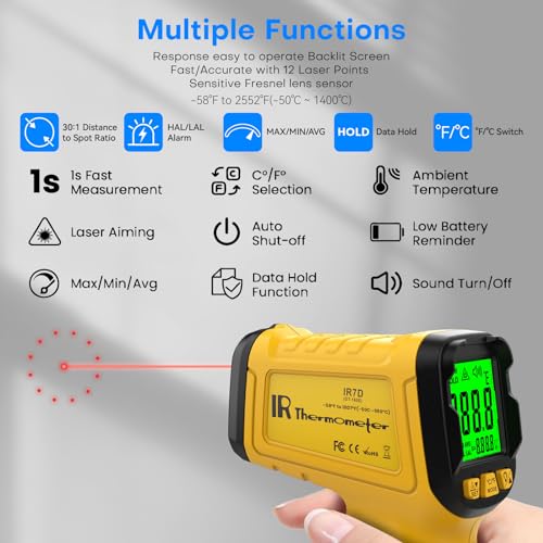 Surpeer Infrared Thermometer pyrometer Temperature Gun -58ยฐF to 1796ยฐF, 30:1 Distance Ratio, Laser IR Temp Gun for Cooking, Pizza Oven, Engine, Kilns, Forges, Industry, and Home Repair.