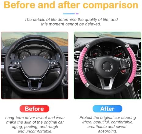 Bling Car Steering Wheel Cover, 15 Inch Rhinestones Soft Leather Elastic Steering Wheel Protector, Sparkly Crystal Diamond for Women Girls, Car Interior Accessories for Most Cars (Pink)
