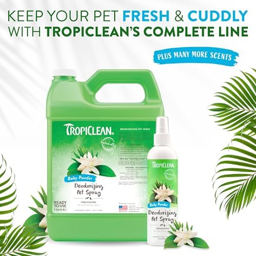 TropiClean Dog Perfume, Long Lasting Baby Powder Cologne, Deodorizing Spray for Smelly Dogs, After Bath Detangling Spray with Vitamin E, Safe for Cats, 8oz.