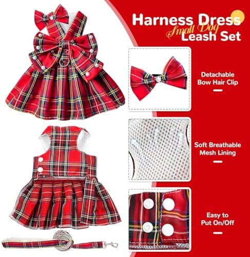 PETCARE Cute Dog Dress Clothes for Small Dogs Cats Girl Female Red Plaid Bow Tie Dog Harness Dresses Leash Set with Pearls Bow Accessories Birthday Puppy Dress Shih Tzu Yorkies Chihuahua Outfits