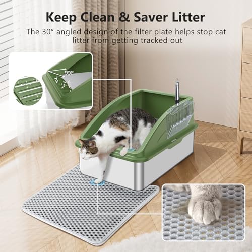Stainless Steel Cat Litter Box, Extra Large Litter Boxes for Big Cats, XL Metal Cat Litter Box with Lid, Anti-Urine Leakage, Non-Sticky, Include Cat Mat and Litter Scoop