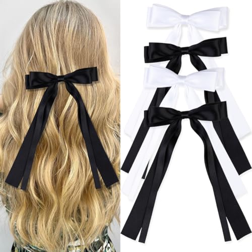 Oversized Long-Tail Hair Bows Set - 4 PCS Ribbons and Large Barrettes for Cute Aesthetic Hair Accessories for Girls (Black White)