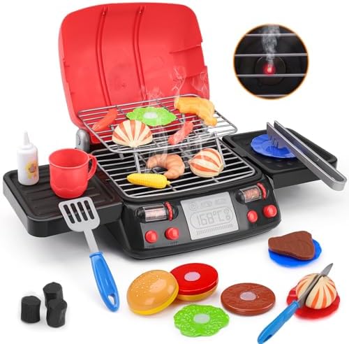 Kids Play Food Grill with Pretend Smoke Sound Light Kitchen Playset BBQ Accessories Camping Cooking Set Barbecue Toddler Girl Boy Toy 2 3 4 5 6 Year Old 4-8 Birthday Kid Toy Idea
