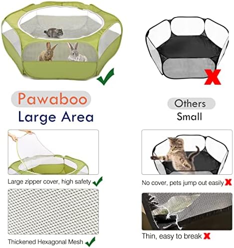 Pawaboo Small Animals Playpen, Waterproof Small Pet Cage Tent with Zippered Cover, Portable Outdoor Yard Fence with 3 Metal Rod for Chick/Kitten/Puppy/Guinea Pig/Rabbits/Hamster/Chinchillas,Green