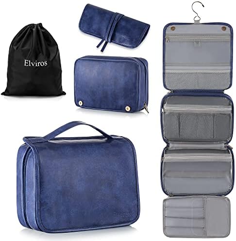 Elviros Toiletry Bag Hanging Travel Organizer for Men and Women, 3 in 1 Multifunctional Large Makeup Cosmetic Case for Toiletries Accessories, Water-resistant PU Leather Bathroom Dopp Kit Shaving Bag