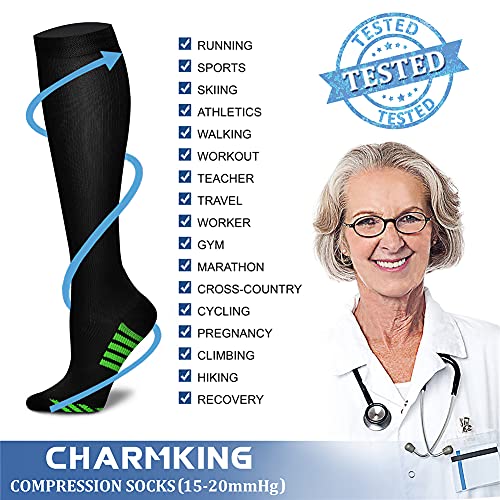 CHARMKING Compression Socks for Women & Men (8 Pairs) 15-20 mmHg Graduated Copper Support Socks are Best for Pregnant, Nurses - Boost Performance, Circulation, Knee High & Wide Calf (S/M, Multi 32)