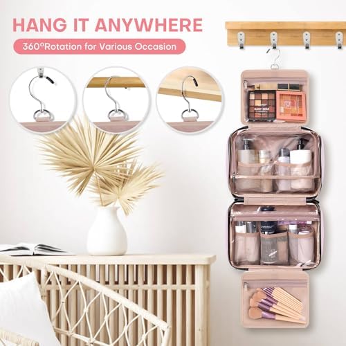 Travel Toiletry Bag for Women, Portable Makeup Cosmetic Bag with Hanging Hook, Travel Essentials 3 in 1 Packing Organizer Travel Bag for Accessories, Shampoo, Full-size Container, Toiletries