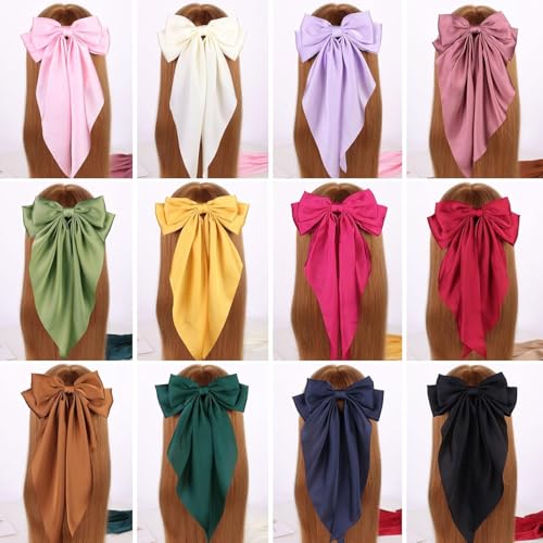 MRJ 6 Pcs Silky Satin Hair Bows Big Hair Ribbons for Women Large Hair Clips for Girls Hair Accessories Barrettes Metal Clips Bowknot Aesthetic