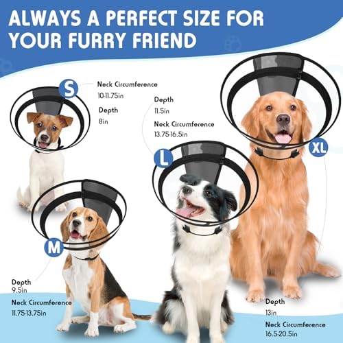 Dog Cone, Transparent Recovery Collar for Large Medium Small Dogs, E Collar After Surgery to Stop Licking, Depth Adjustable Soft Cone Not Block Vision