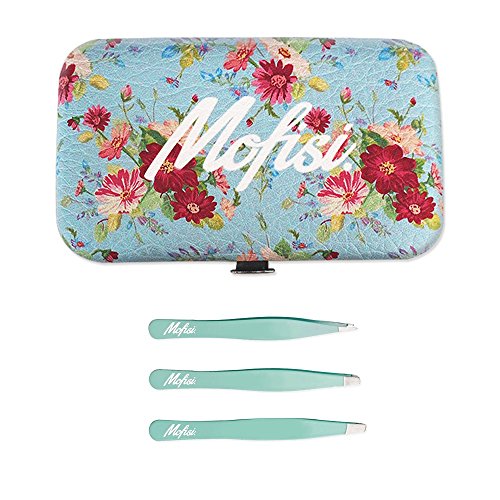 Tweezers Set Eyebrow Tweezers Slanted Pointed Flat Tweezers With Mirror 3 Pairs Leather Case Metal Clasp by Mofisi Ltd.