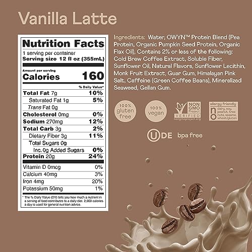 OWYN Only What You Need Double Shot Dairy Free Keto Protein Coffee Shake, Vanilla Latte, 0g Sugar, 20g Plant Based Protein, 180mg Caffeine, Gluten & Soy Free, Non-GMO, Vegan (12 Pack, 12 Fl Oz)
