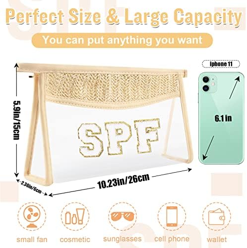 2 Pcs Boho Straw Clear Makeup Letter Bag BEACH Pouch, Sunscreen Bags for Beach Travel Small Cute Chenille Letter SPF Bag Pouch,Waterproof Beach Toiletry Sun Bag Beach Accessories for Women(SPF+SUN)
