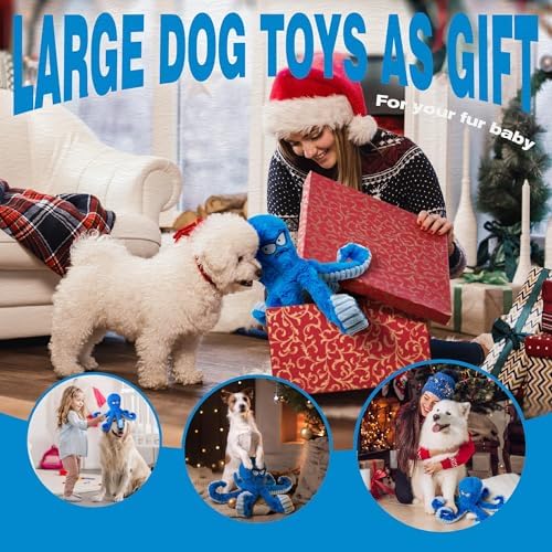 LEGEND SANDY Tough Dog Toys, Stuffed Dog Chew Toys, Large Dog Toys to Keep Them Busy, Interactive Dog Toys, Squeaky Dog Toys, Tug of War Dog Toy, Crinkle Dog Toy (Blue Octopus)