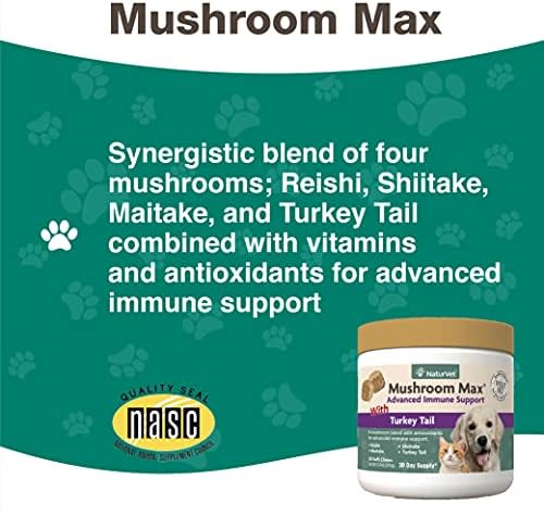 NaturVet Mushroom Max Advanced Immune Support Dog Supplement – Helps Strengthen Immunity, Overall Health for Dogs – Includes Shitake Mushrooms, Reishi, Turkey Tail – 60 Ct.