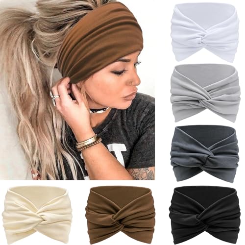 Wide Headbands for Women Knotted No Slip Head Bands Soft Turban Headband Hair Accessories Boho African Solid Color Head Wraps for Women Yoga Workout Pack of 6(Brown)