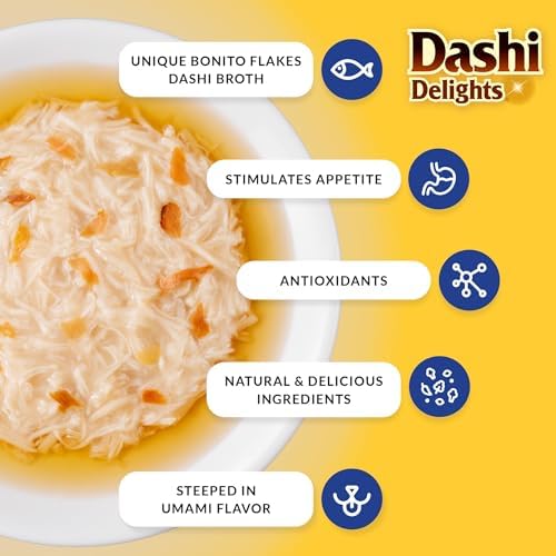 INABA Dashi Delights for Cats, Shredded Chicken with Bonito Flake Broth, 2.5 Ounce Cup, 12 Cups Total, Tuna Variety