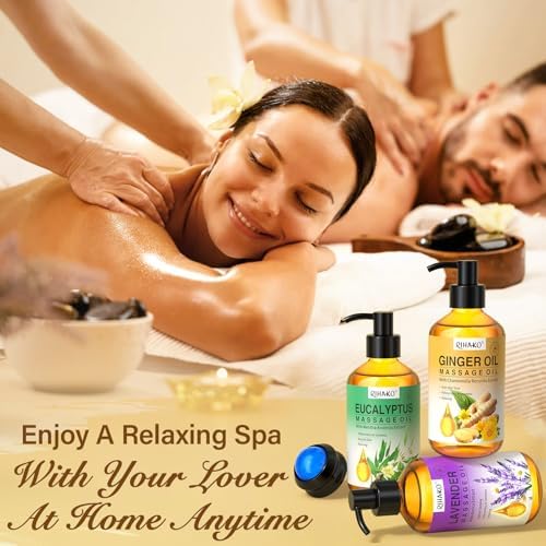 Valentine's Day Gifts for Men&Women -3 Pack Massage Oil for Massage Therapy,Lymphatic Drainage Ginger Oil | Lavender Oil | Sore Muscle Eucalyptus Massage Oils &Massage Ball for Date Night