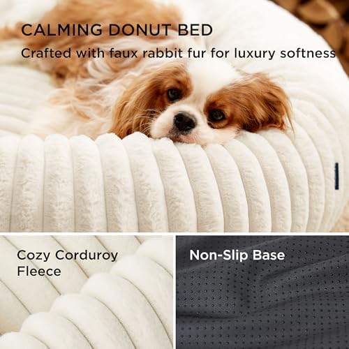 Bedsure Donut Large Dog Bed - Washable Faux Fur Dog Beds Large Sized Dog with Corduroy Fleece & Anti Slip Bottom, Round Pet Beds with Removable Cover, Cream, 36x36x10 inches