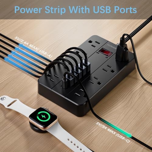 Power Strip with USB Ports, HUNIAN 5 Ft Extension Cord Flat Plug with 8 Outlets, 6 USB Charger(1 USB C Port), Indoor Desk Charging Station Surge Protector for Home and Office Accessories, Black