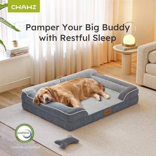 XXL Dog Bed - Extra Large, Orthopedic with Cooling Gel Memory Foam, Waterproof, Washable Cover, 53" Dog Sofa Bed, Dutch Velvet, Bone Toy, Dark Gray