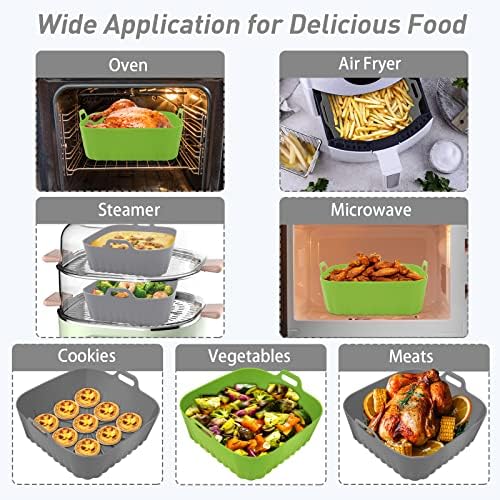 2 PCS Silicone Air Fryer Liners 9 Inch Square Easy Cleaning Airfryer Silicone Liners for 6-9 QT Frying Basket, Heat Resistant Reusable Ninja Air Fryer Accessories (Grey+Green)